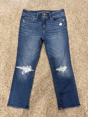 American Eagle Outfitters Women's Dark Blue Straight-Leg Distressed Jeans